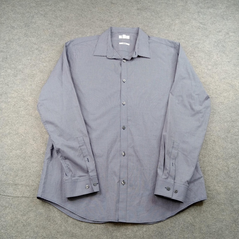 Calvin Klein Dress‎ Shirt Mens Large Blue Check Infinite Cotton Long Sleeve